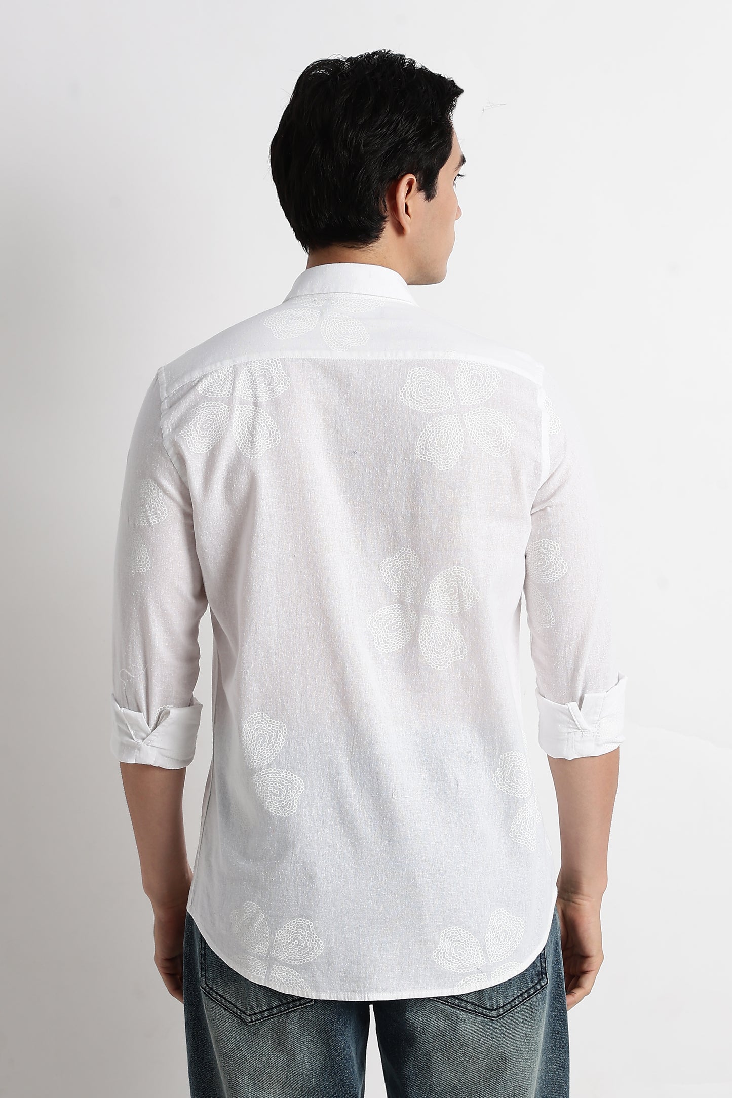 Floral Embroidered Cotton Linen Shirt White