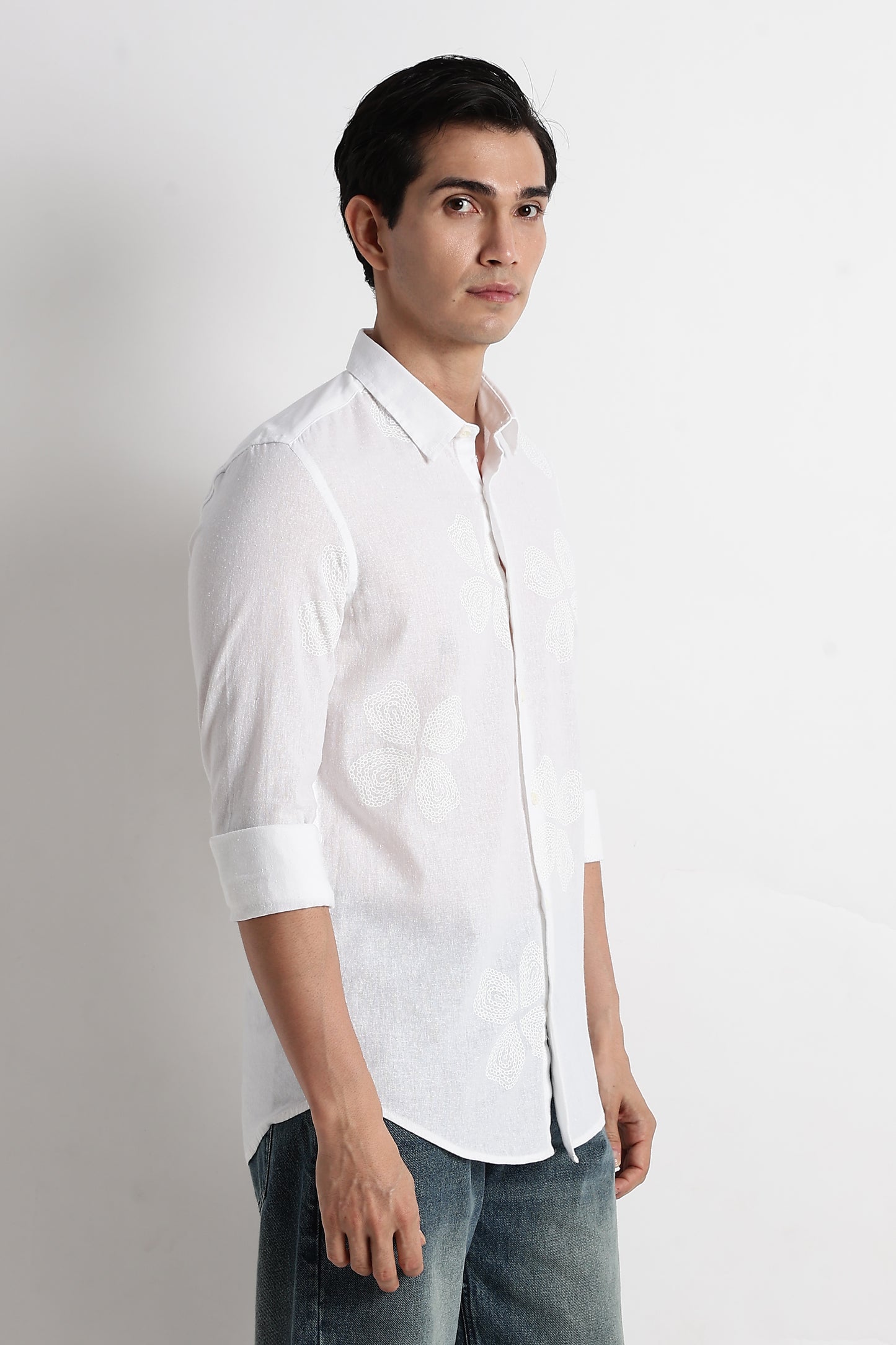 Floral Embroidered Cotton Linen Shirt White