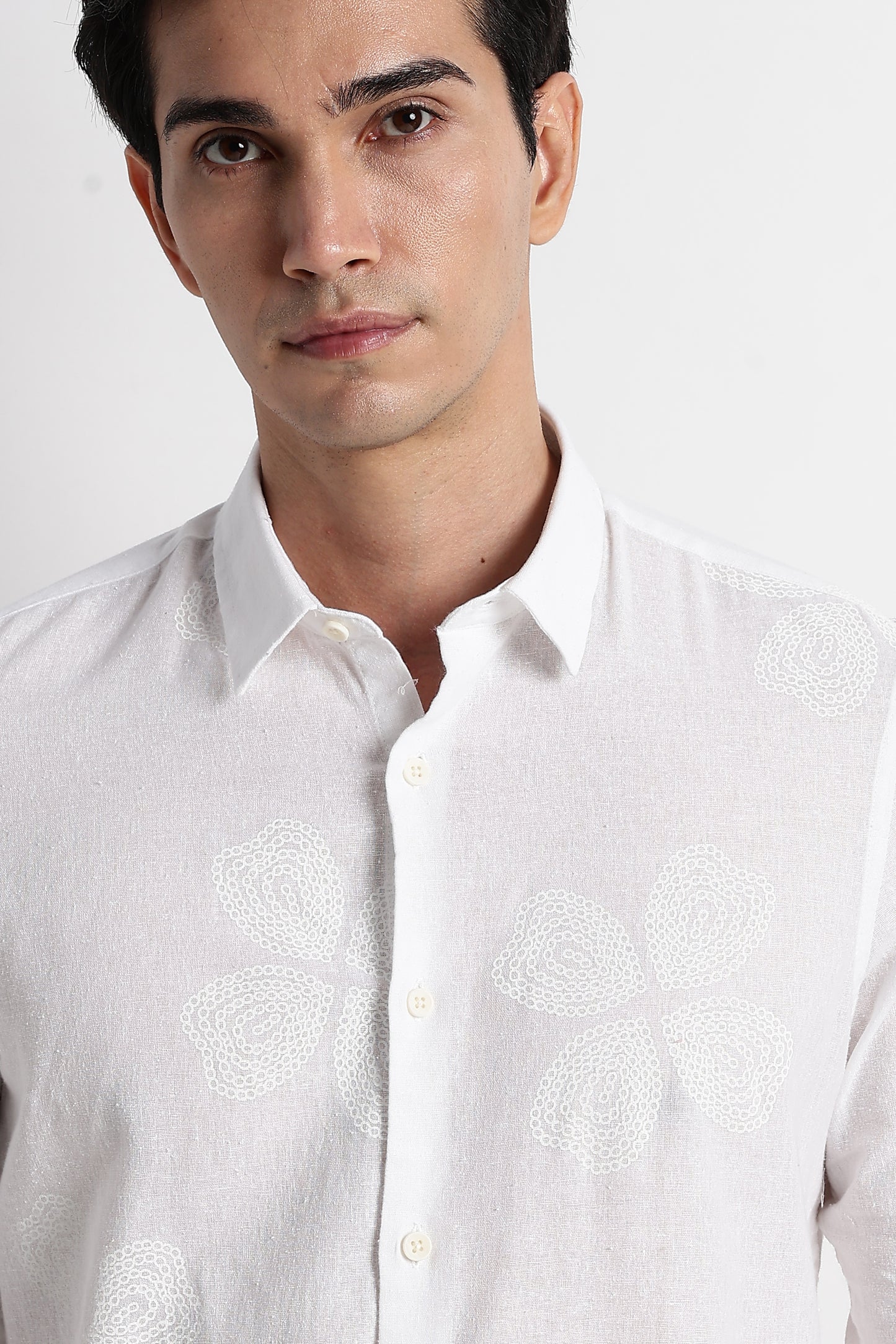 Floral Embroidered Cotton Linen Shirt White