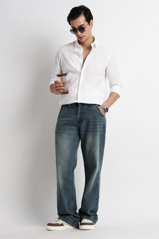 Floral Embroidered Cotton Linen Shirt White