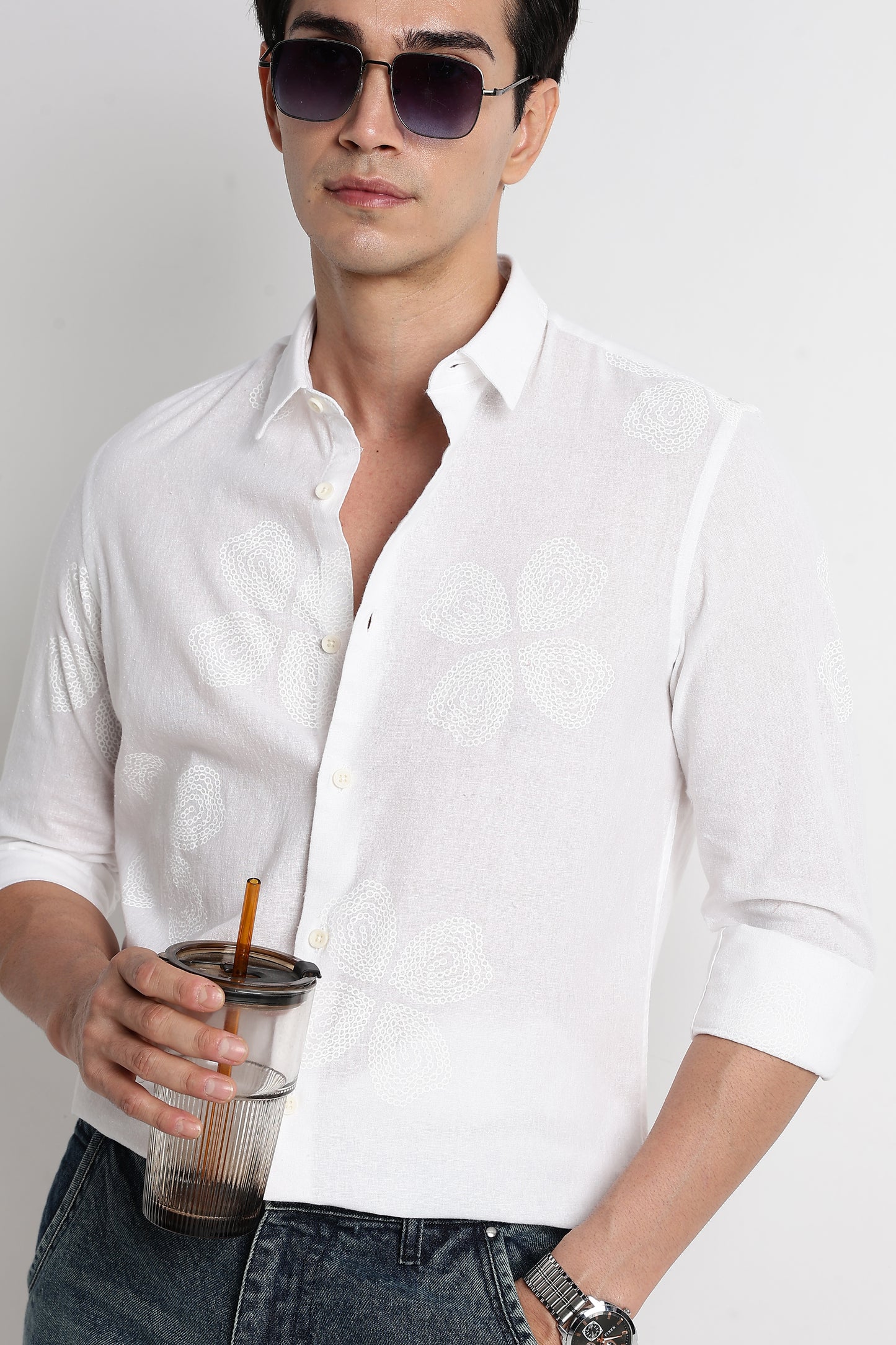 Floral Embroidered Cotton Linen Shirt White