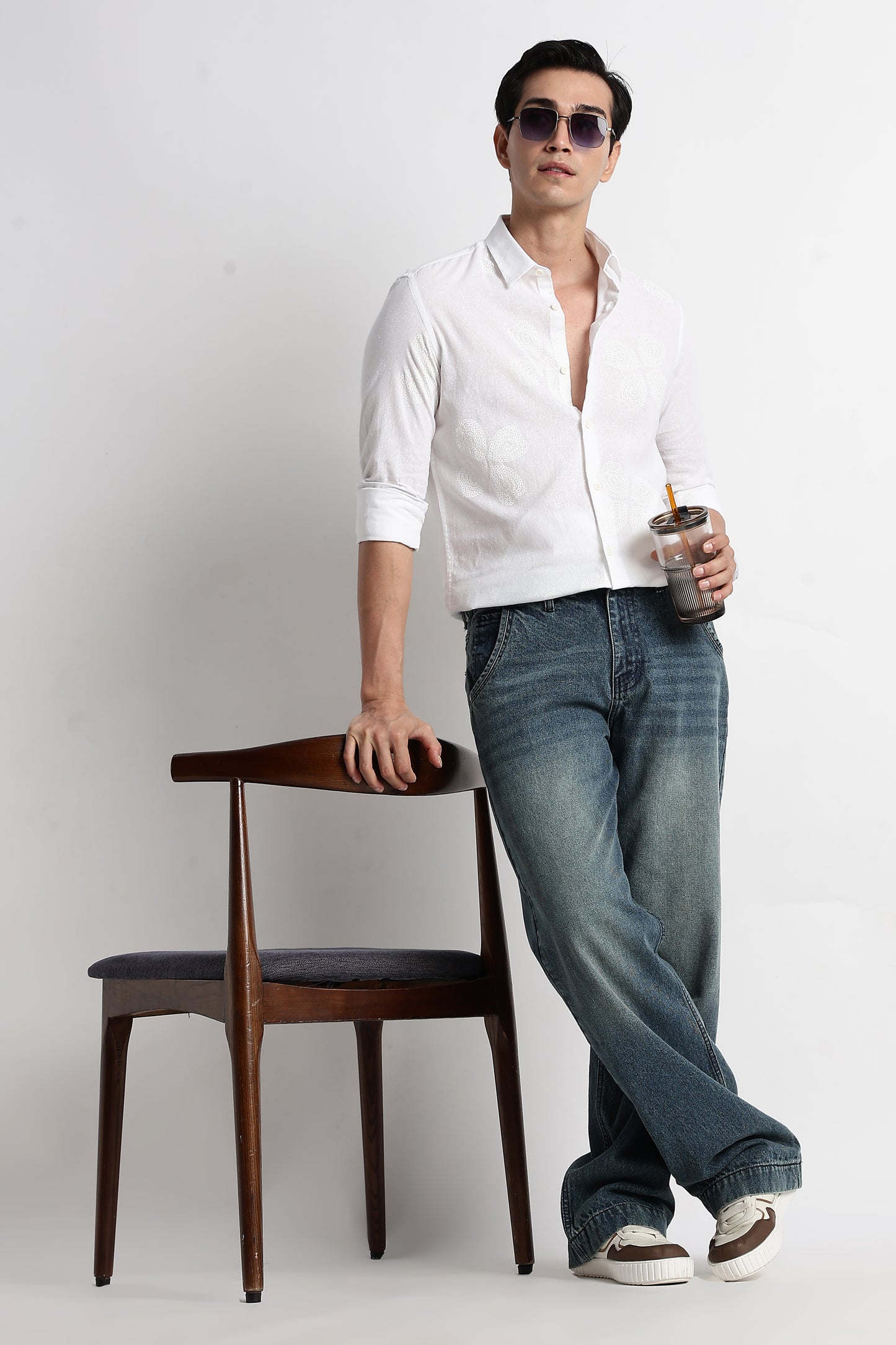 Floral Embroidered Cotton Linen Shirt White