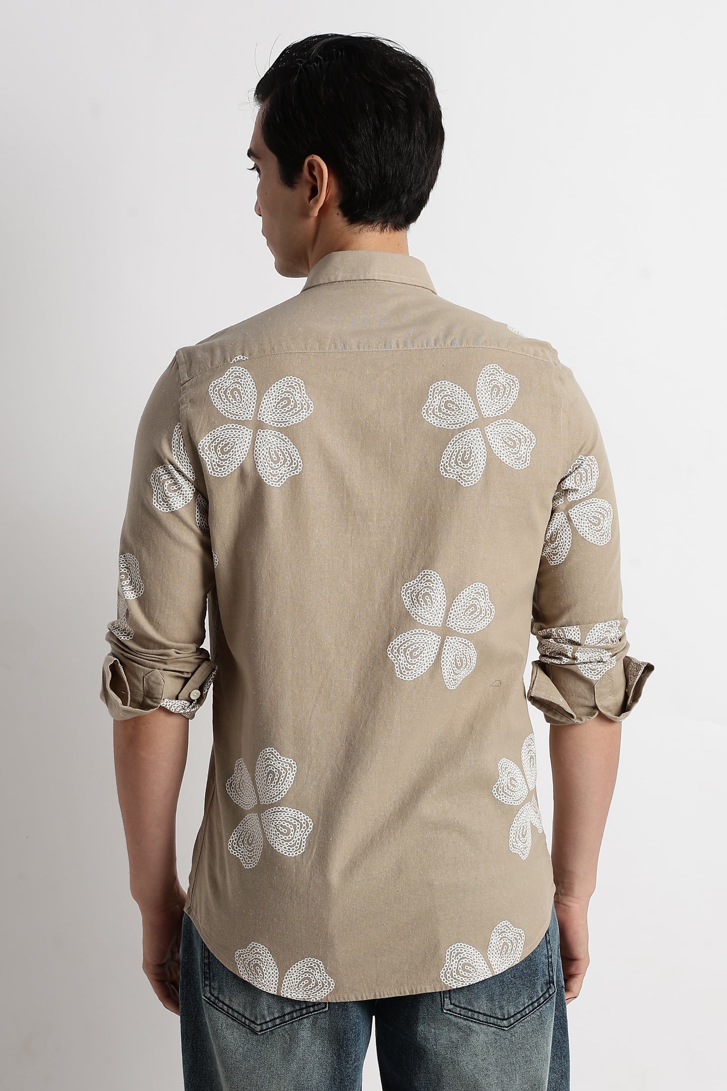 Floral Embroidered Cotton Linen Shirt Beige