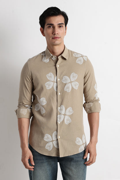 Floral Embroidered Shirt Beige