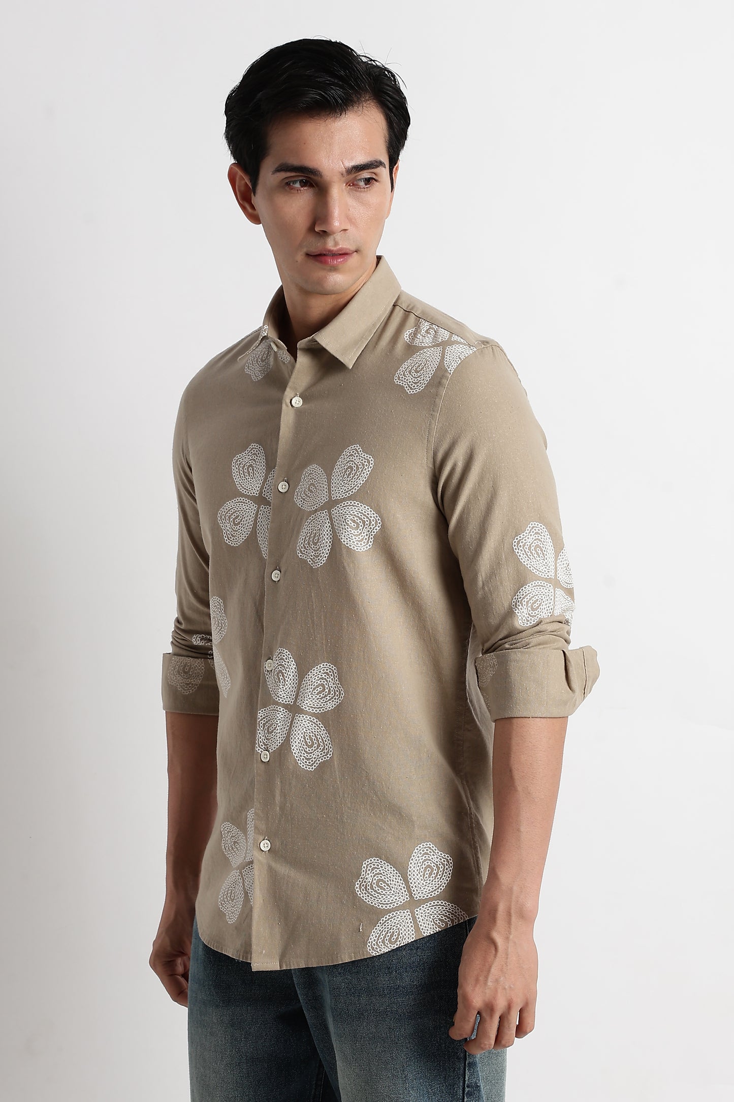 Floral Embroidered Cotton Linen Shirt Beige