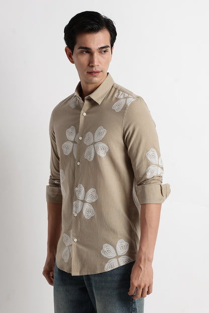 Floral Embroidered Shirt Beige