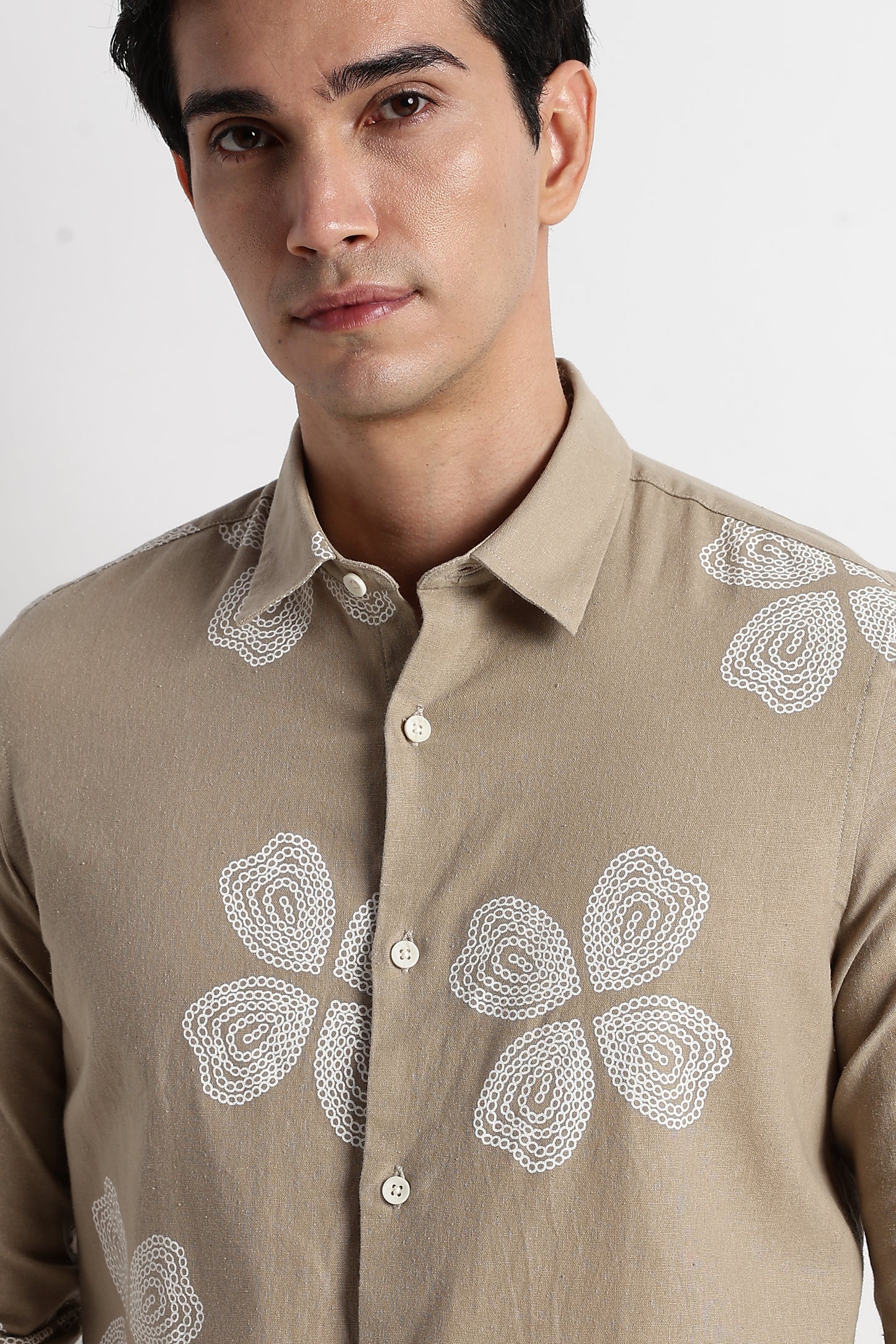 Floral Embroidered Cotton Linen Shirt Beige