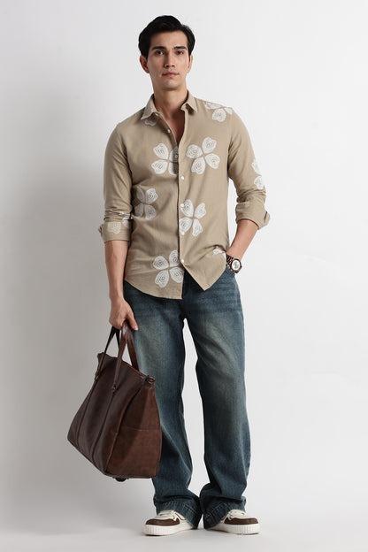 Floral Embroidered Shirt Beige