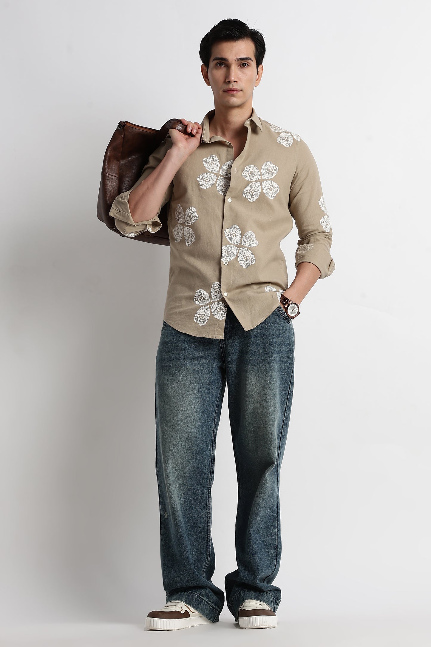 Floral Embroidered Cotton Linen Shirt Beige