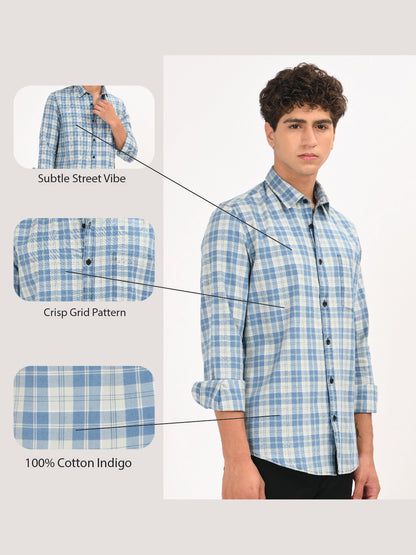 Indigo-Dyed 100% Cotton Check Shirt Lt Green