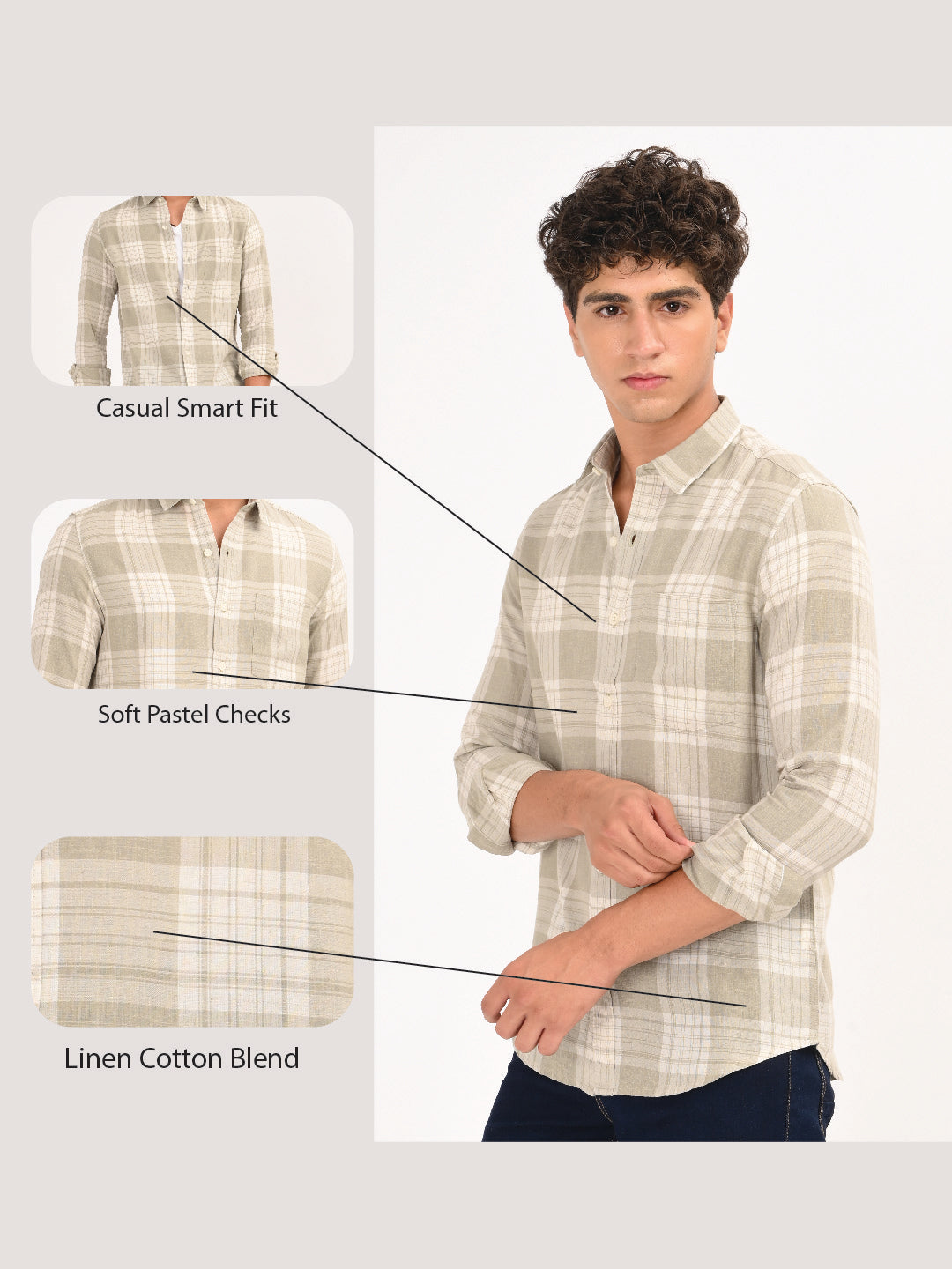 Linen-Cotton Check Shirt Lt Green
