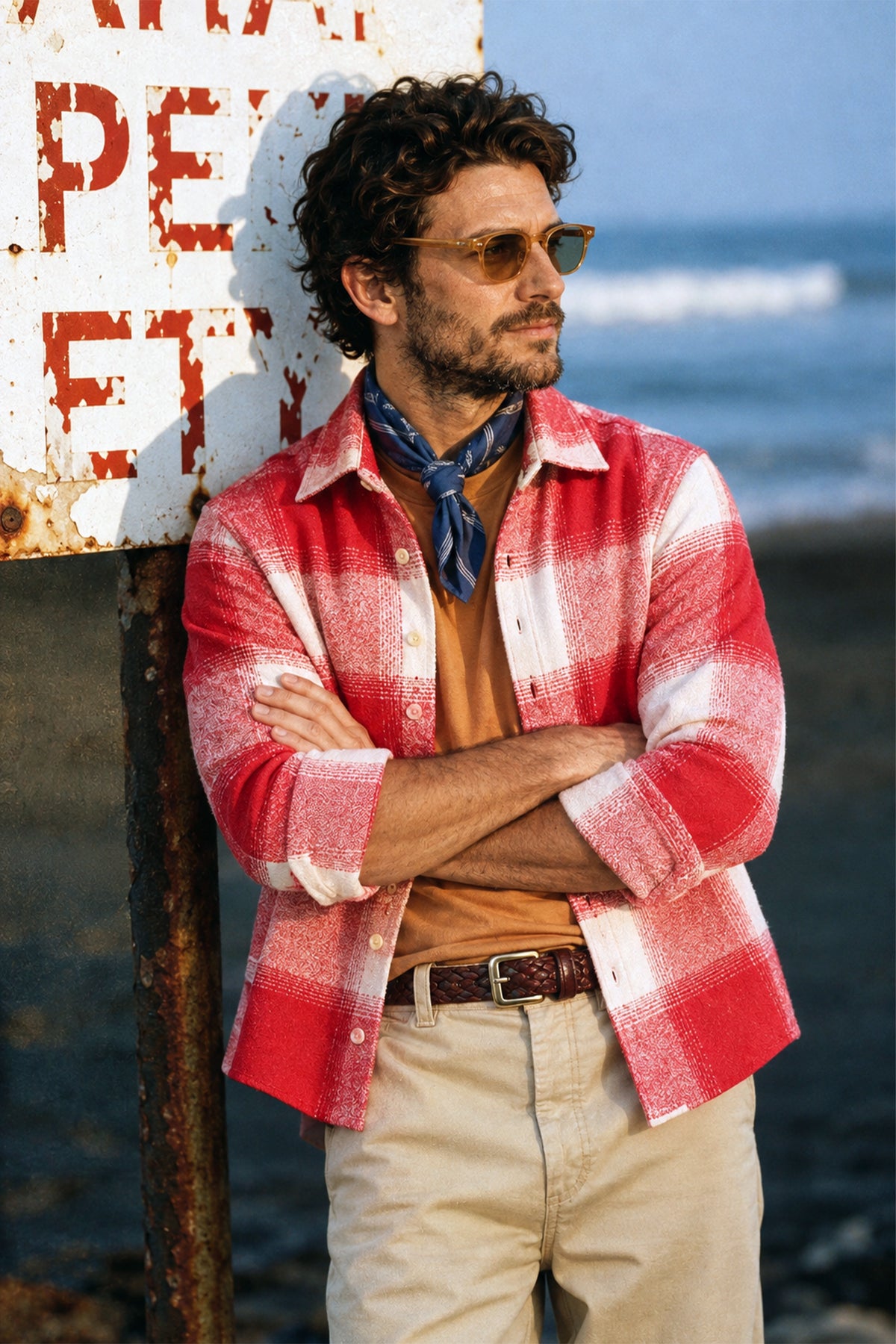 Brushing Checks Flannel Shirt Red White