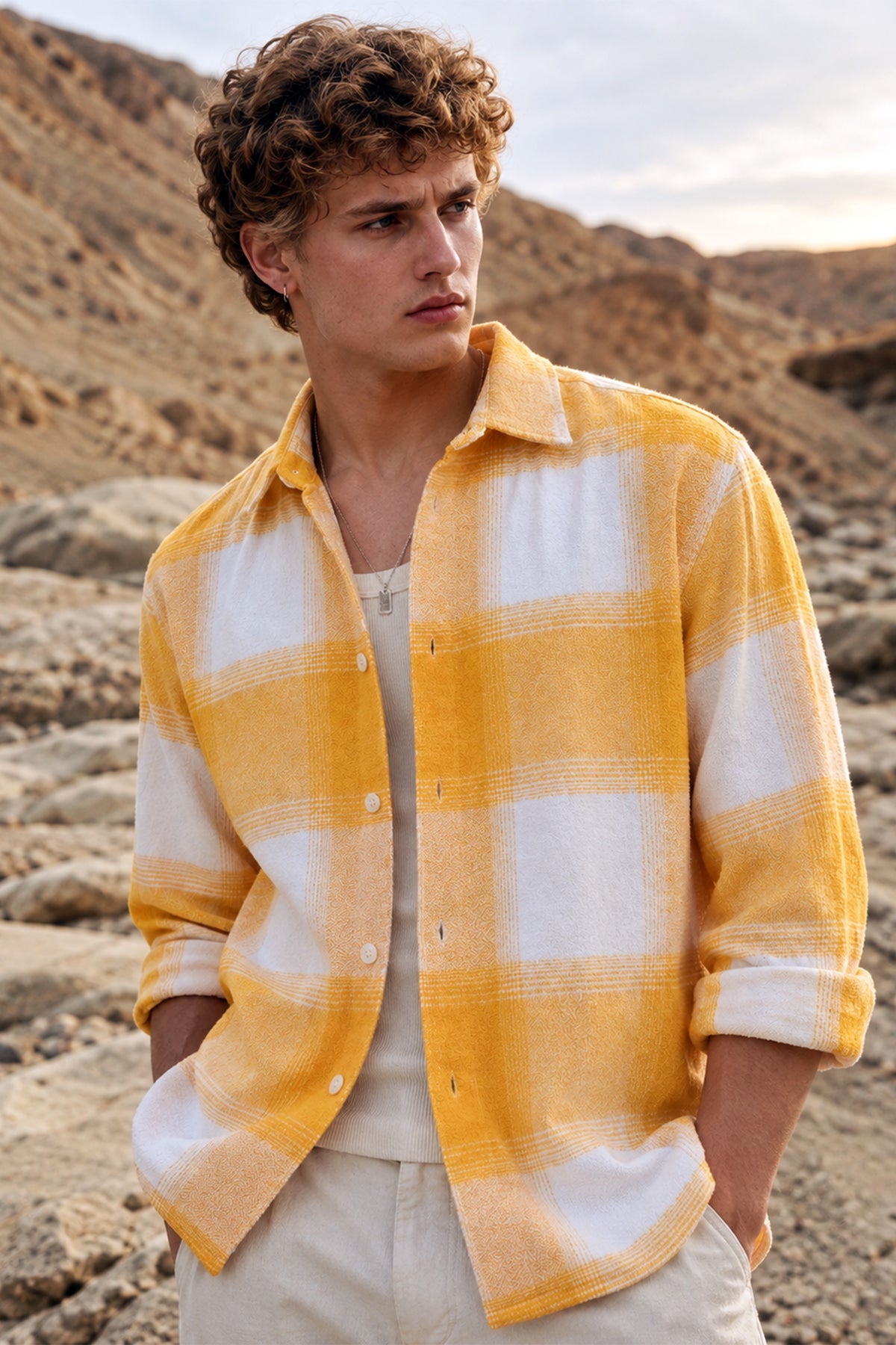 Brushing Checks Flannel Shirt Yellow White
