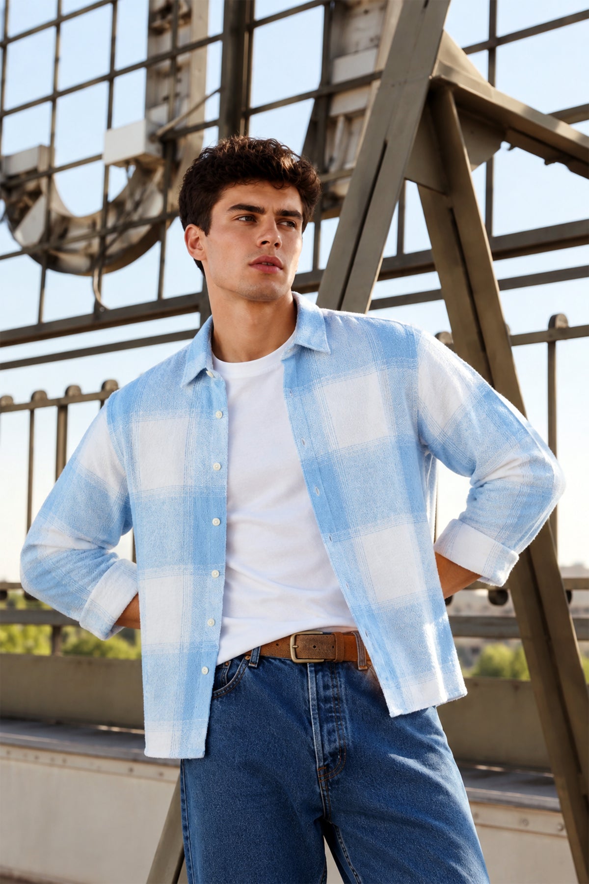 Brushing Checks Flannel Shirt Sky Blue