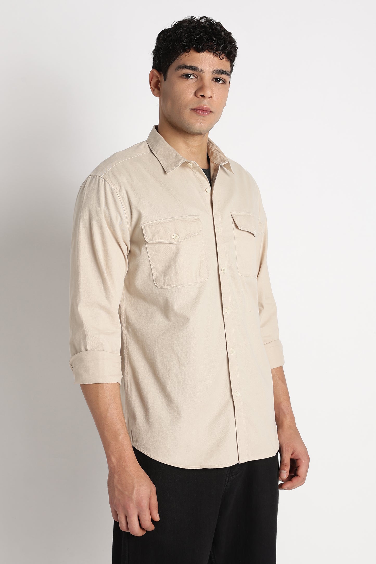 Solid Utility Casual Shirt Cream