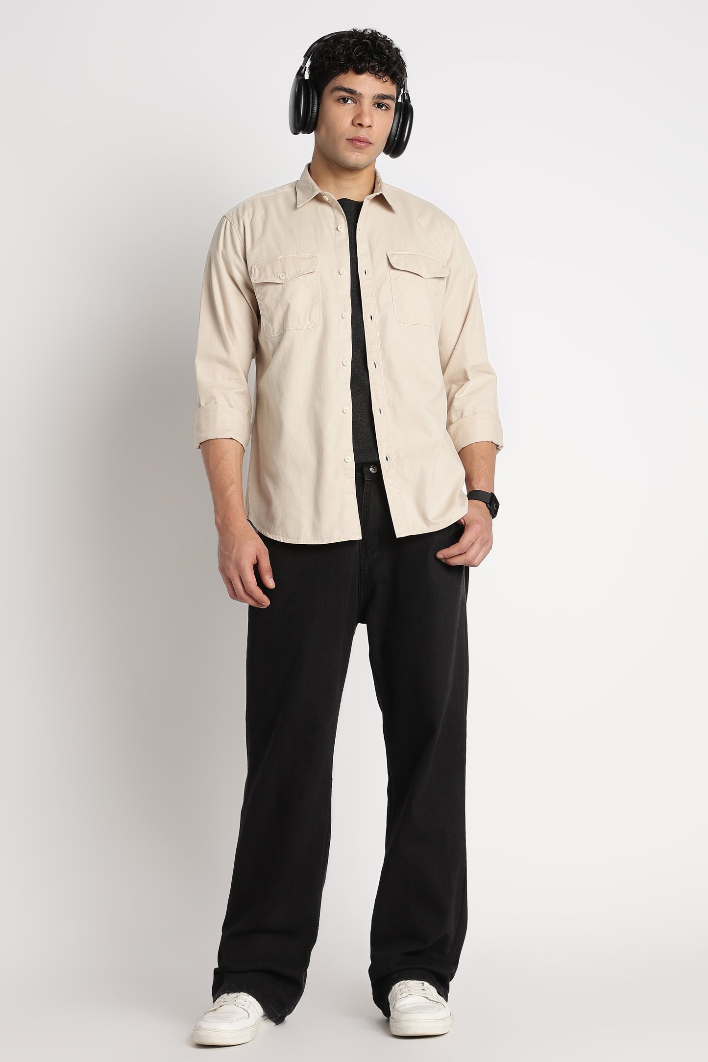 Solid Utility Casual Shirt Cream