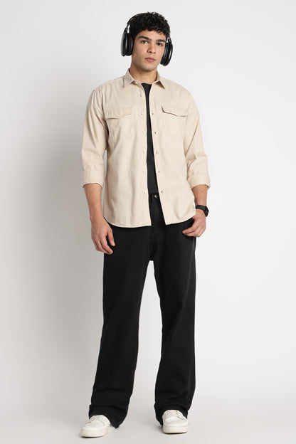 Solid Utility Casual Shirt Cream