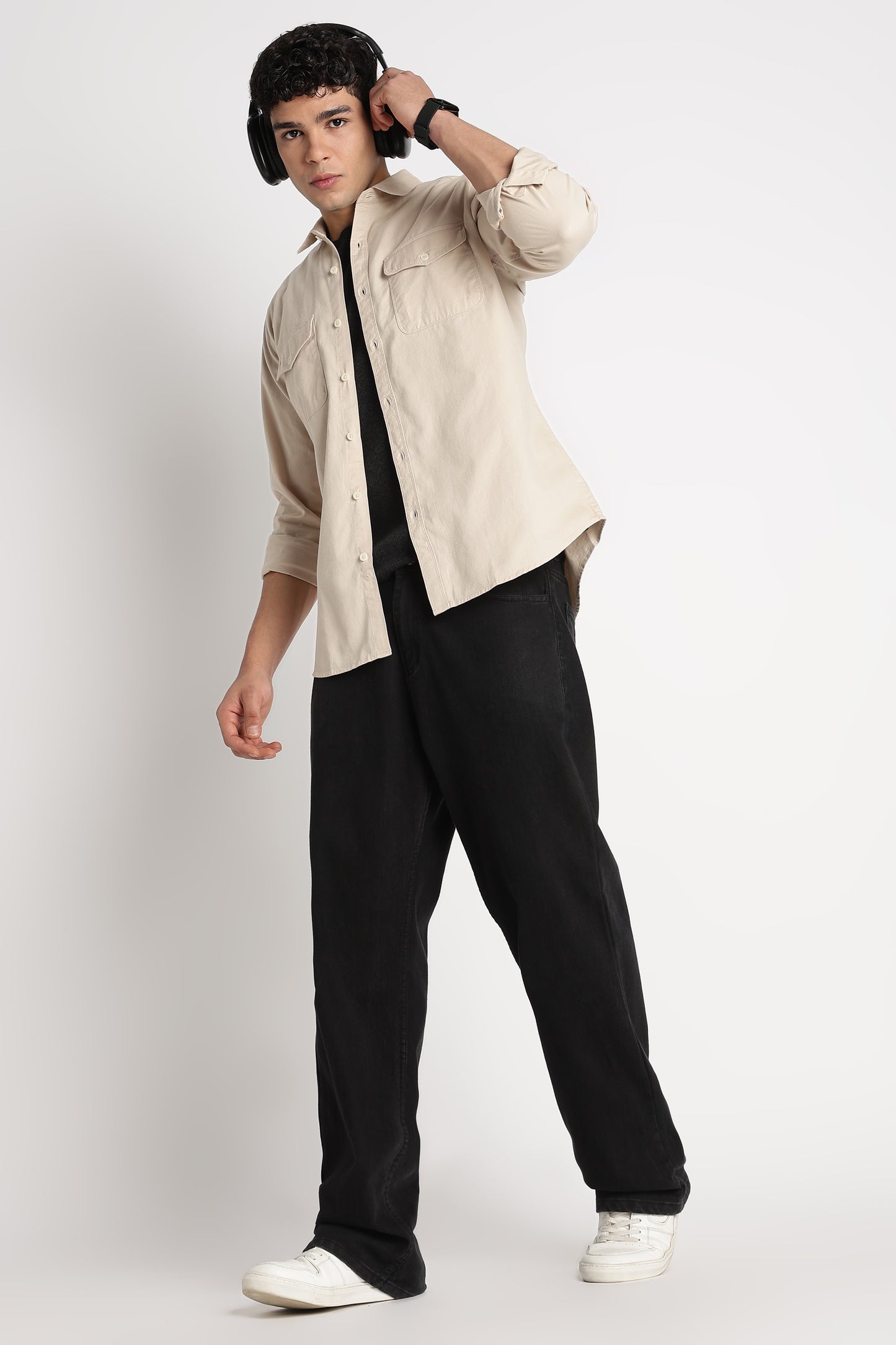 Solid Utility Casual Shirt Cream