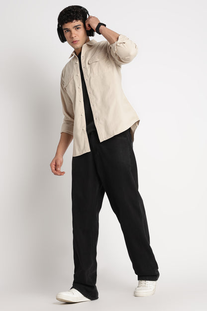 Solid Utility Casual Shirt Cream