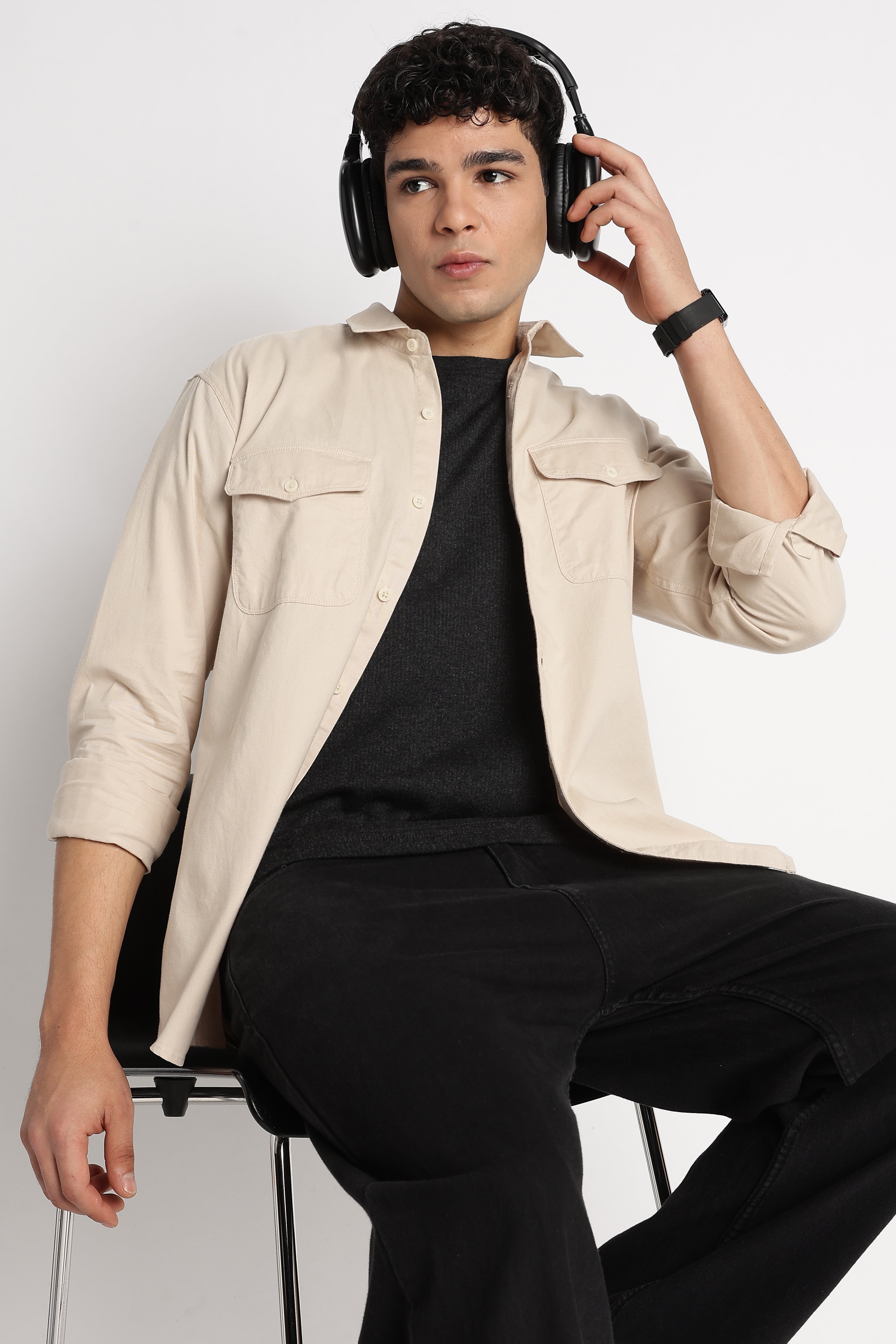 Solid Utility Casual Shirt Cream