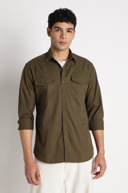 Solid Utility Casual Shirt Green