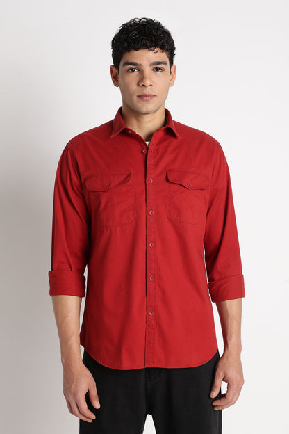Solid Utility Casual Shirt Brick Red