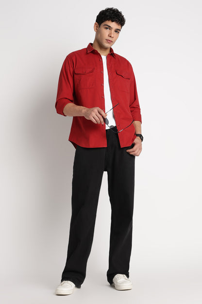 Solid Utility Casual Shirt Brick Red