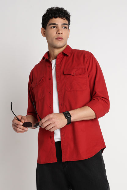 Solid Utility Casual Shirt Brick Red