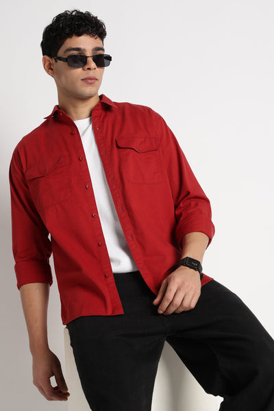 Solid Utility Casual Shirt Brick Red