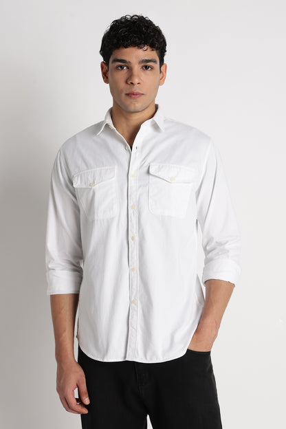 Solid Utility Casual Shirt White