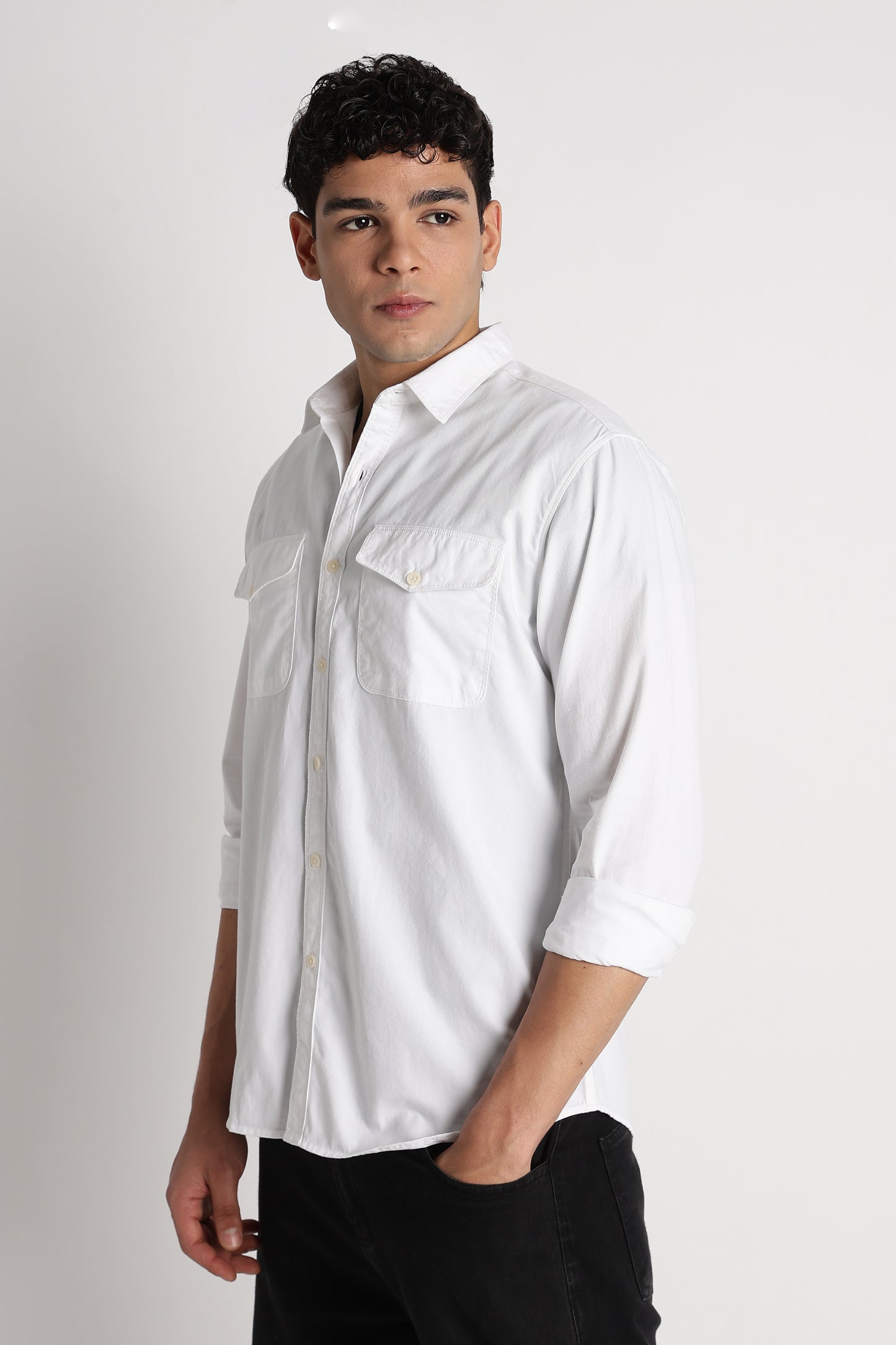 Solid Utility Casual Shirt White