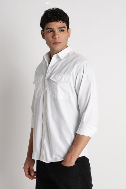 Solid Utility Casual Shirt White