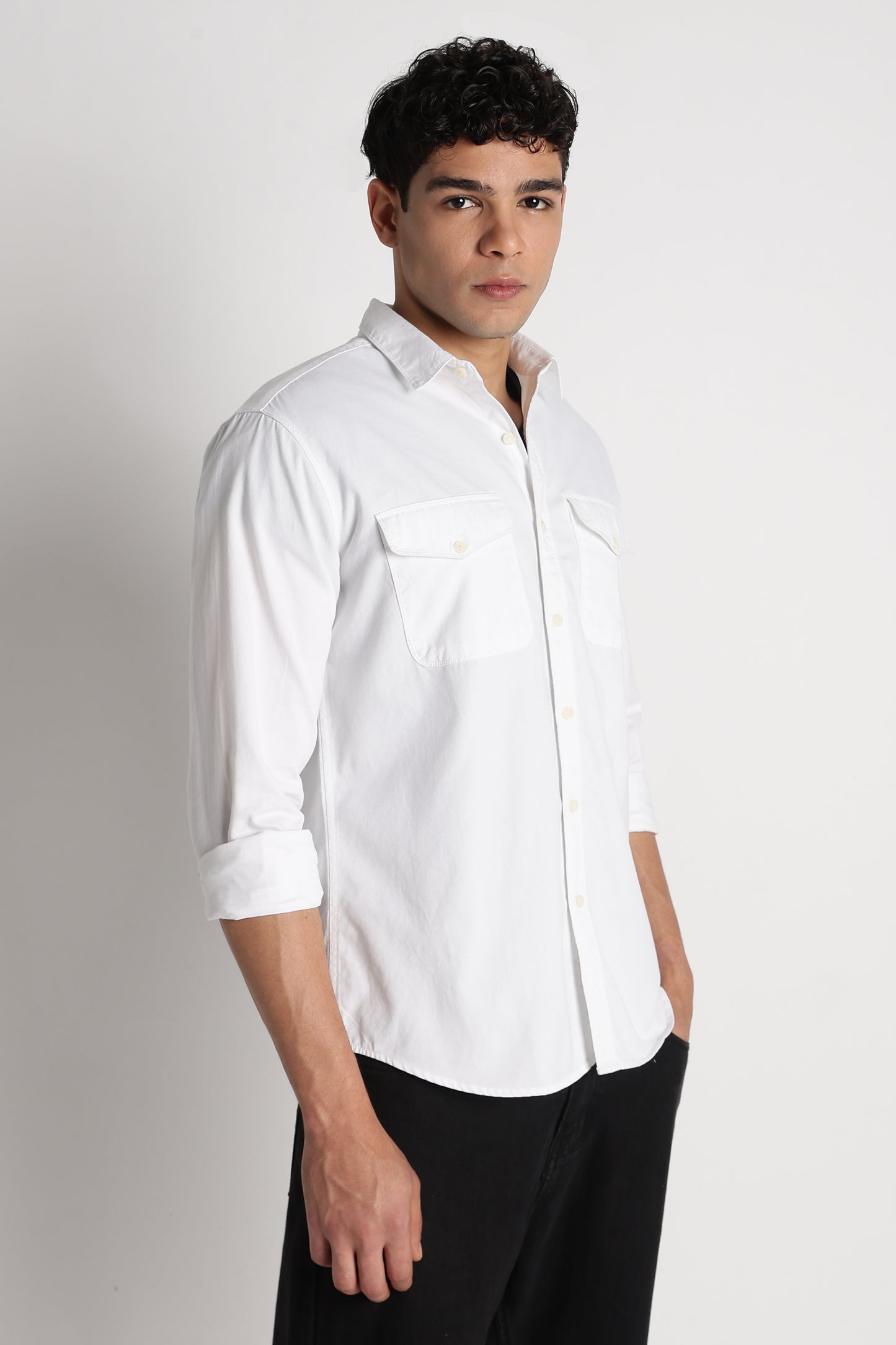 Solid Utility Casual Shirt White