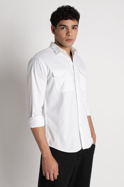 Solid Utility Casual Shirt White
