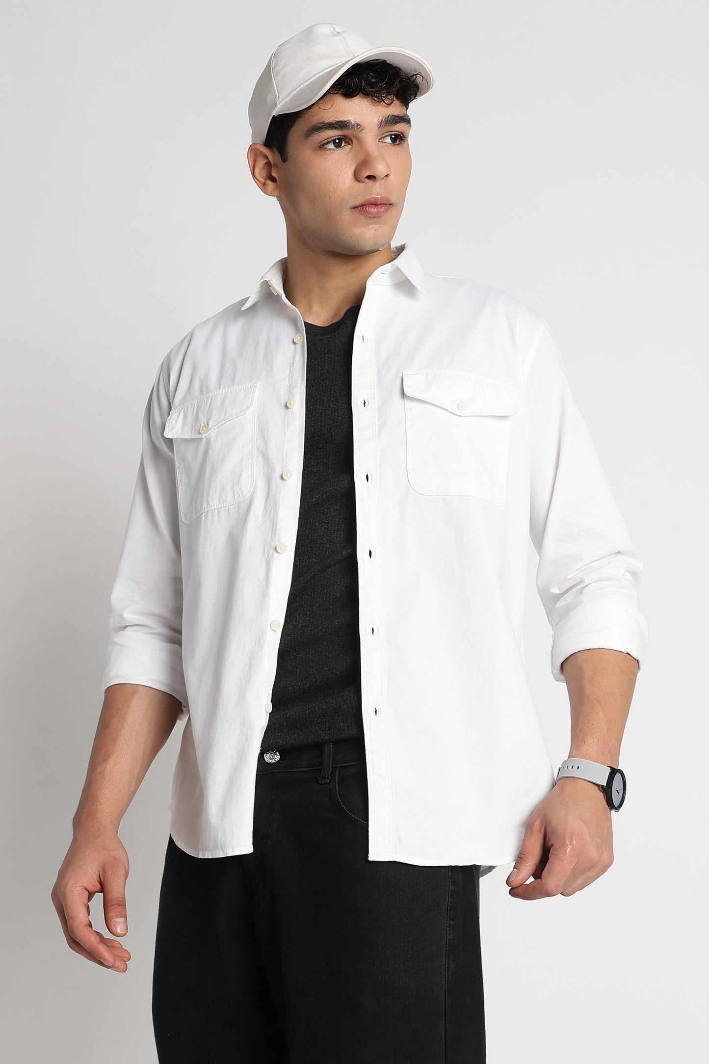 Solid Utility Casual Shirt White