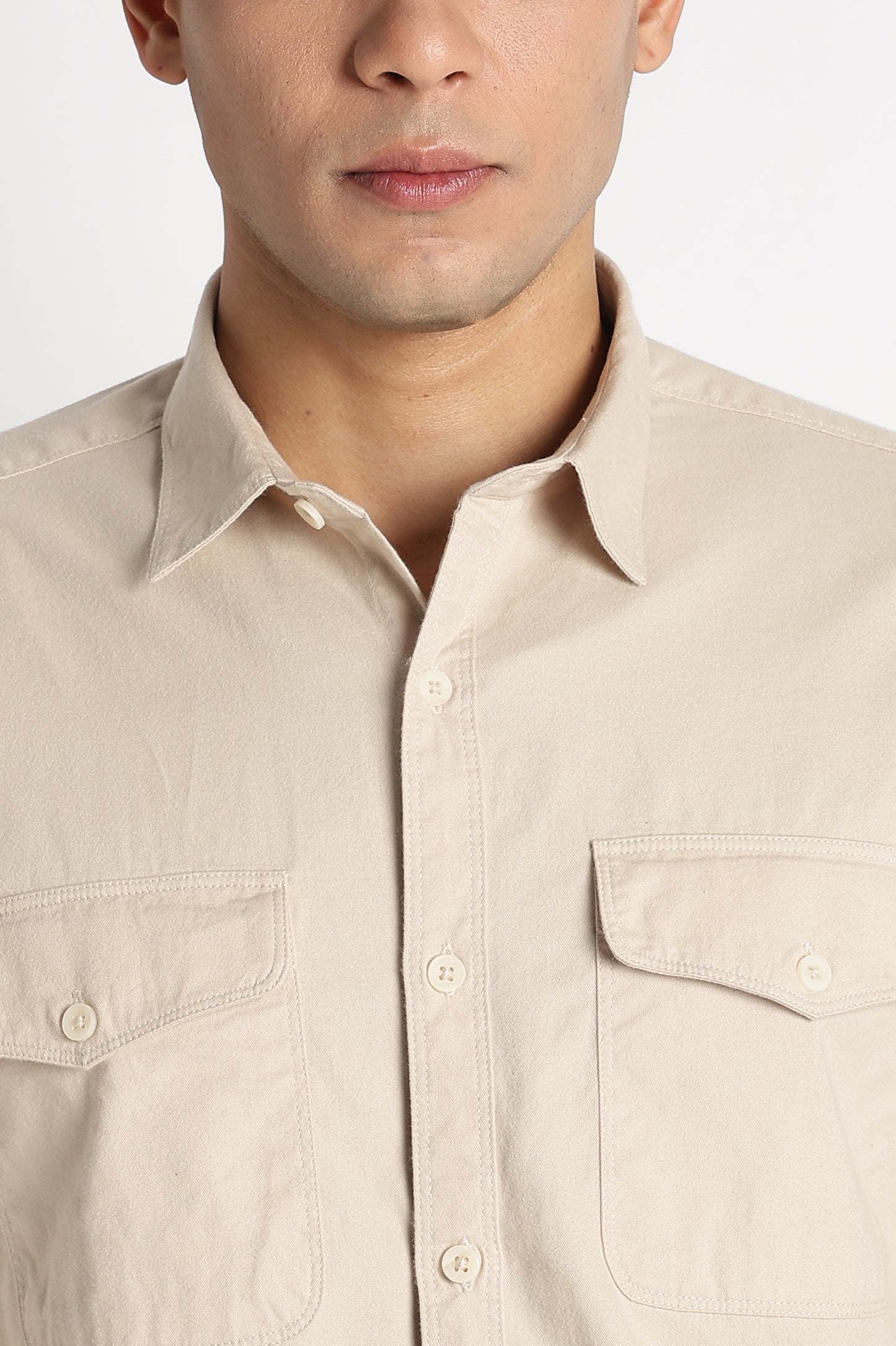 Solid Utility Casual Shirt Cream