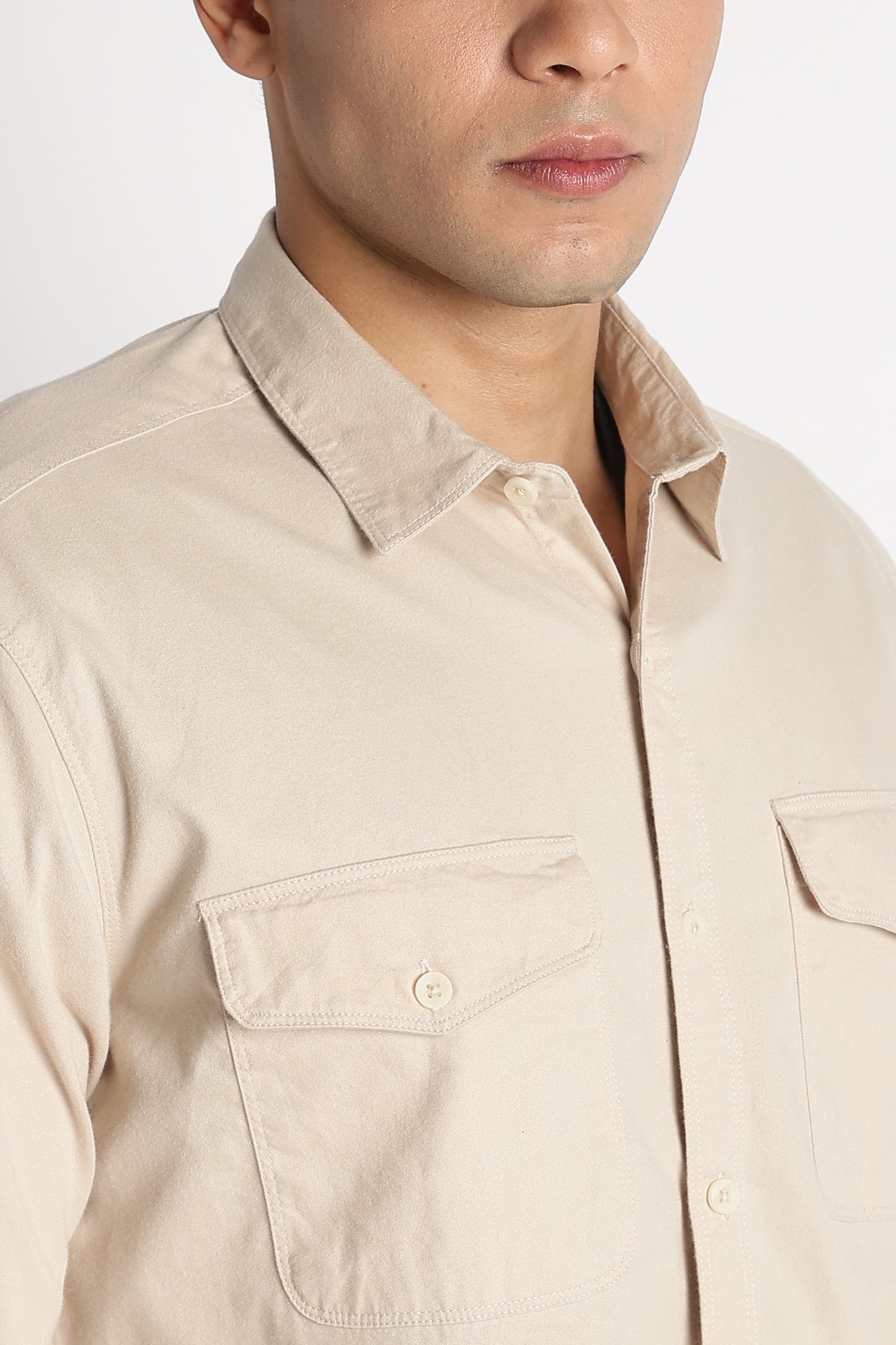 Solid Utility Casual Shirt Cream