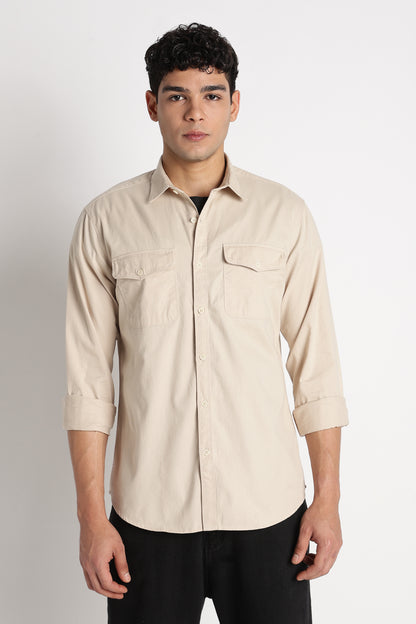 Solid Utility Casual Shirt Cream