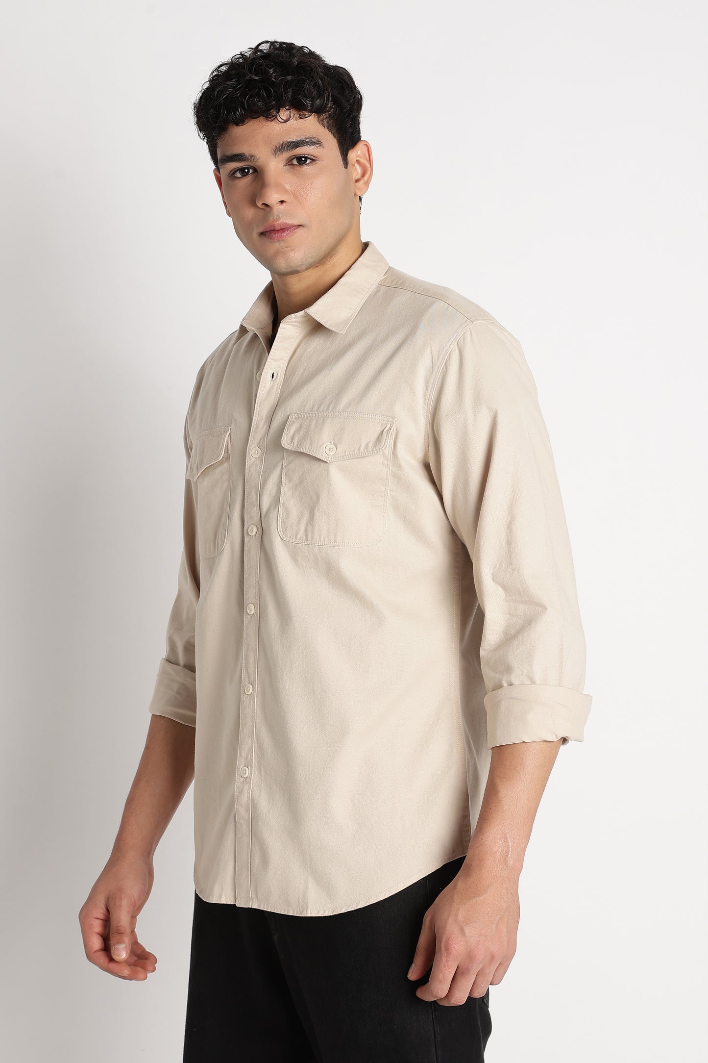 Solid Utility Casual Shirt Cream