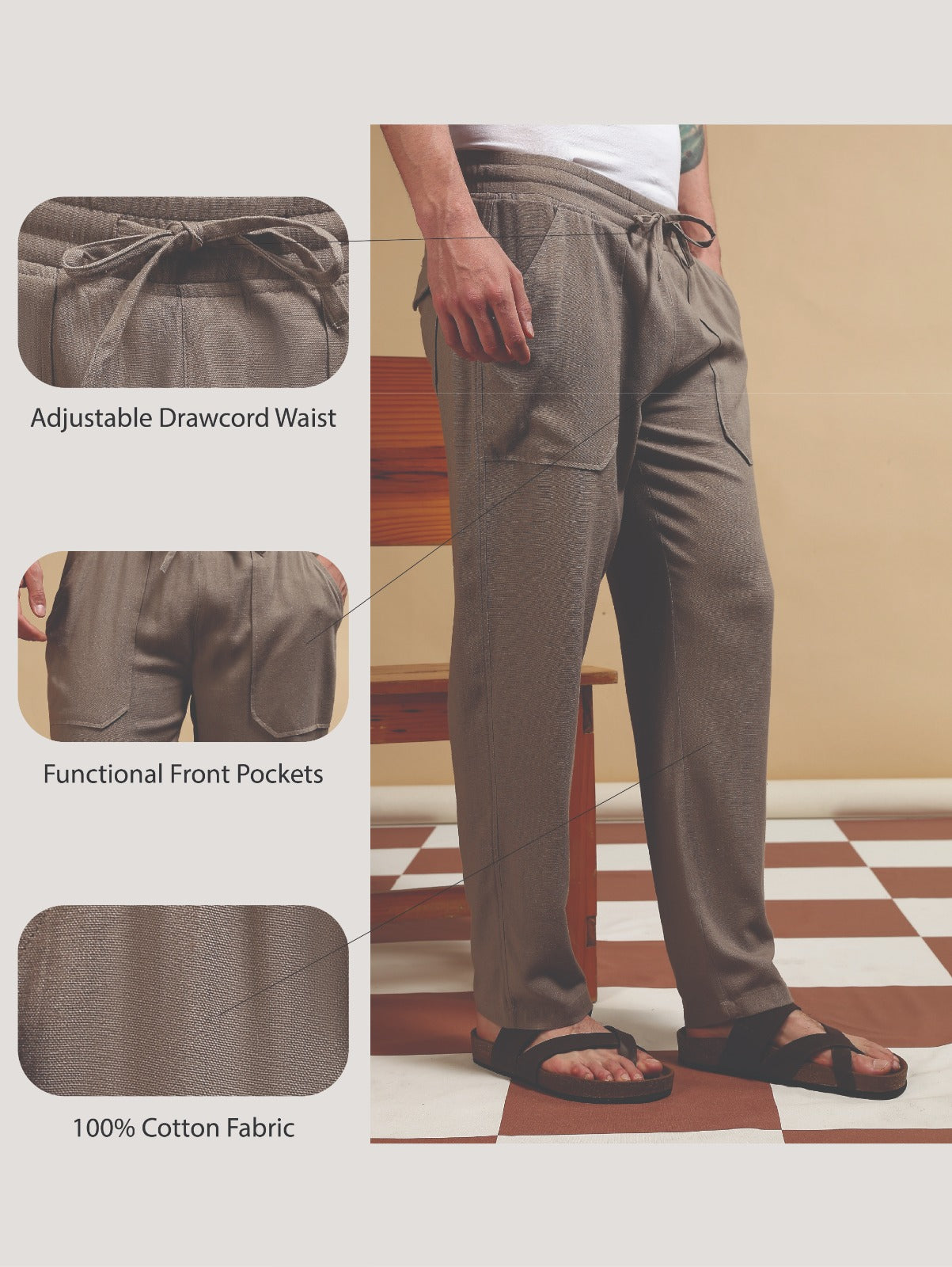 Linen Blend Loose Fit Drawcord Trousers Lt Brown