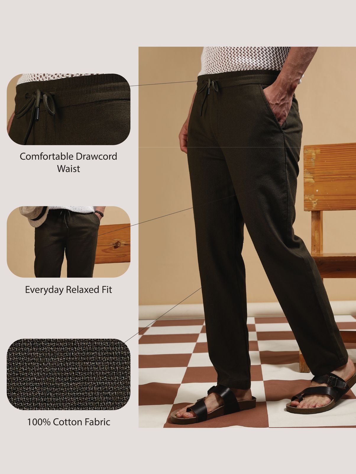 Cotton Loose Fit Drawcord Pants Dk Grey