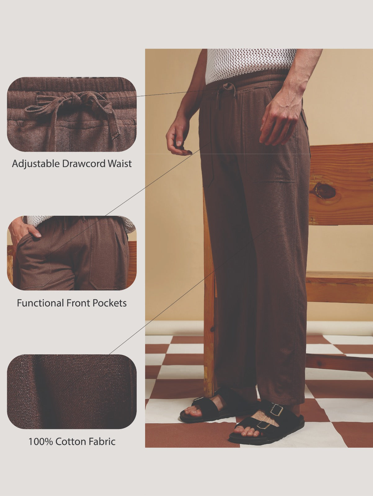 Linen Blend Loose Fit Drawcord Trousers Brown