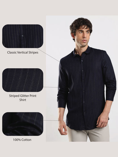 Slim Fit Striped Glitter Shirt Navy