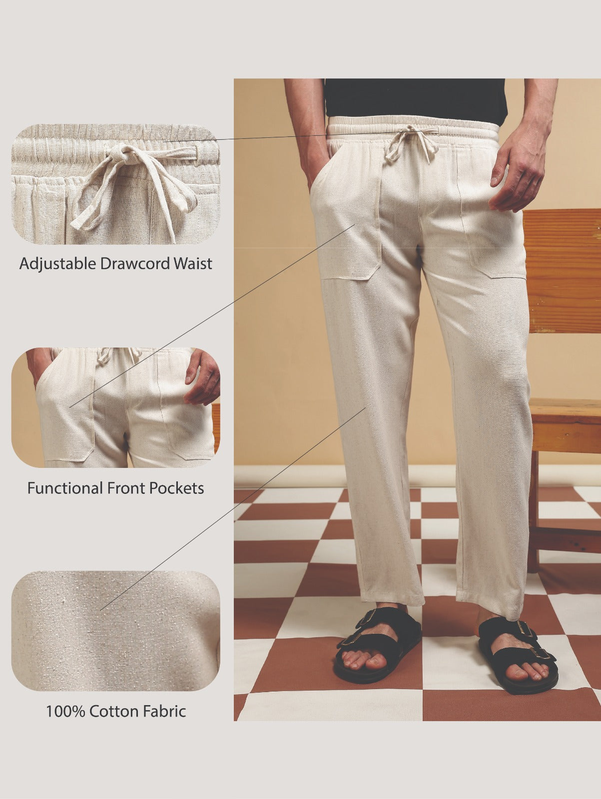 Linen Blend Loose Fit Drawcord Trousers Lt Cream