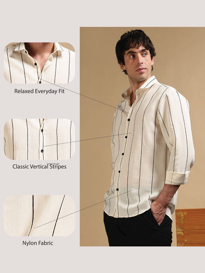 Nylon Slim Fit Striped Shirt Cream
