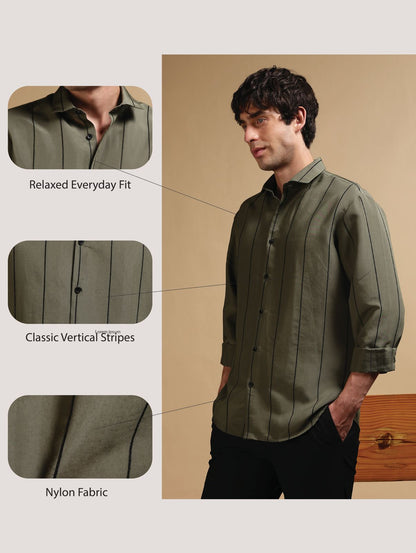 Nylon Slim Fit Striped Shirt Green