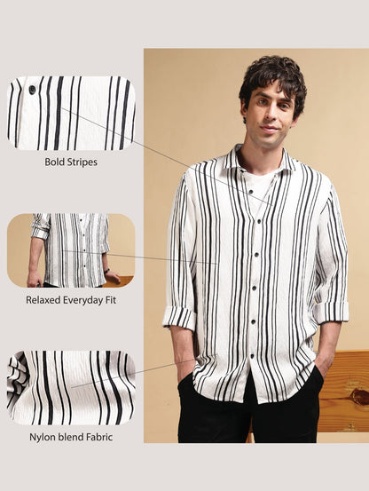 White & Black Slim Fit Striped Shirt