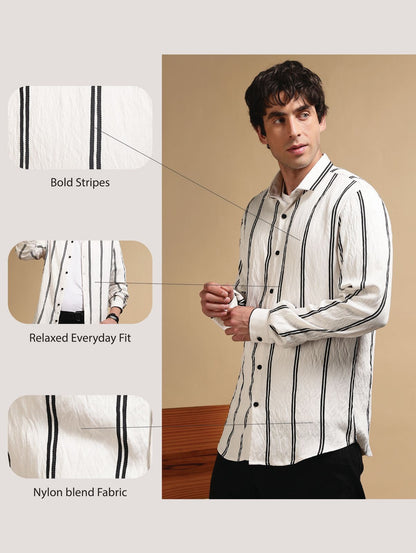 White & Black Slim Fit Striped Shirt