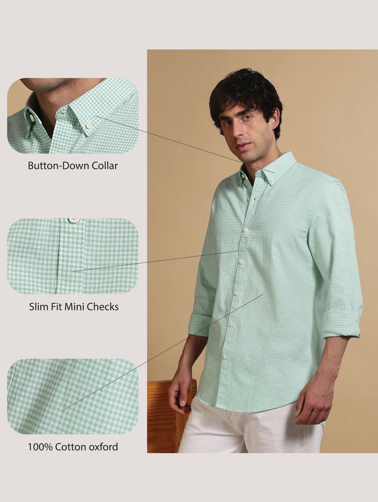 Cotton Oxford Slim Fit Mini Checks Shirt Lt Green