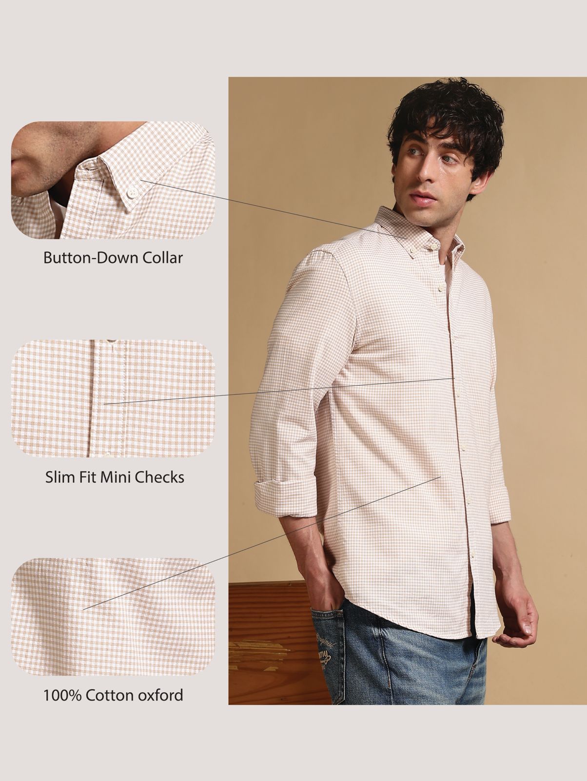 Cotton Oxford Slim Fit Mini Checks Shirt Cream